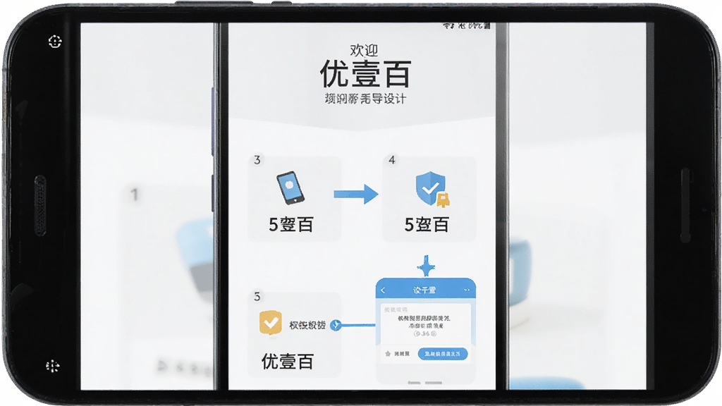 主体为一部安卓手机屏幕展示优壹百应用的新手引导页面,布局为手机正面竖屏居中,排版为上方欢迎语下方操作步骤图示,风格为清新扁平化设计,细节包含步骤序号、箭头指引、权限设置界面示意图,画质为高清干净无多余元素,图片中文字为
