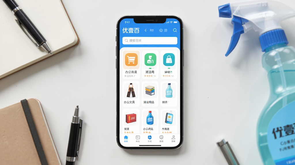 主体为一部智能手机展示优壹百应用主界面,界面中包含办公文具与清洁用品分类图标,布局为手机居中放置于浅色桌面,周围散落笔记本、签字笔、清洁喷雾瓶等实物作为点缀,排版采用上下结构上方为应用界面下方为实物元素,风格为现代简约商务风,细节包含应用图标、商品缩略图、搜索栏、底部导航栏,画质为高清4K,画面干净无多余元素,图片中文字为