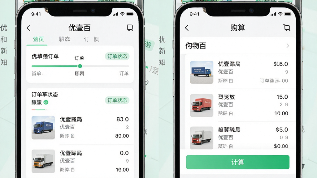 主体为优壹百应用的订单跟踪界面与购物车界面并排展示,布局为左右分屏左侧订单跟踪右侧购物车,排版为上方标题下方内容区,风格为清爽浅色UI风格,细节包含物流进度条、订单状态标签、商品列表、结算按钮,画质为高清干净无多余元素,图片中文字为