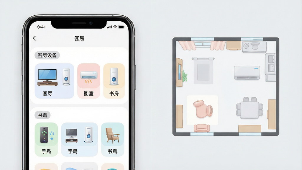 一张展示掌心遥控器智能设备管理功能的高清图片,画面主体为一部手机屏幕显示设备分组管理界面,屏幕内可见客厅、卧室、书房等分组标签,每个分组下排列着电视、空调等设备图标,手机旁边有一个简洁的房间平面图插画,布局采用左右分栏构图,风格为清新简约的UI展示风,细节上图标圆润、色彩柔和,背景为淡灰色,画质清晰干净,无多余文字和装饰