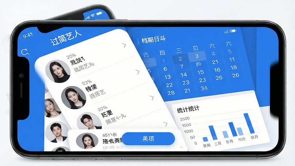 一张展示手机屏幕的图片,屏幕中显示“过简艺人”软件的主界面,界面中有艺人列表、档期日历和统计图表,整体布局清晰整洁,采用蓝白配色,风格简约商务,细节包括图标、文字标签和按钮,画质清晰干净,无多余元素