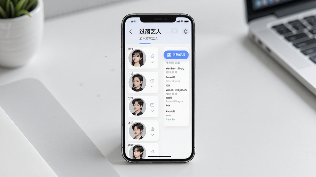 一张AI生成的图片,画面中央是一部智能手机,手机屏幕上显示“过简艺人”的艺人档案管理界面,左侧是艺人头像列表,右侧是详细信息卡片,背景为浅灰色办公桌面,风格清新浅色,排版整齐,细节清晰,画质干净无多余元素