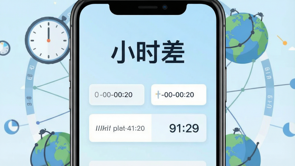 一张手机屏幕正面展示图,画面中央是名为“小时差”的时间计算应用主界面,界面顶部显示“小时差”三个大字,中间有两个时间输入框和计算结果区域,背景为淡蓝色渐变,周围环绕着时钟、地球、时区线条等元素,整体风格简洁现代,扁平化设计,画质清晰,干净,无多余元素