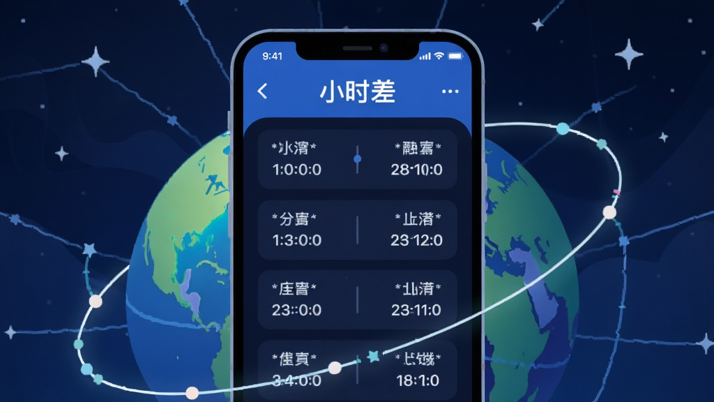 一张AI生成的插画,画面中央是“小时差”应用界面,界面中显示多个城市名称和对应的时间,地球仪和时区弧线环绕在手机周围,背景为深蓝色夜空,点缀着星星和发光的时区线条,整体风格科技感十足,扁平化设计,细节清晰,画质干净,无多余元素