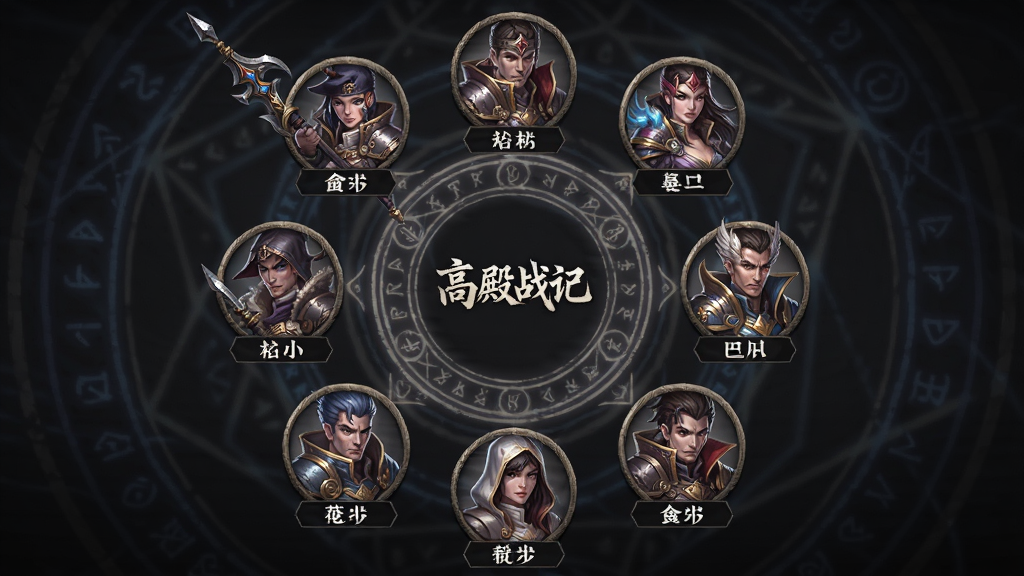 主体是高殿战记角色选择界面,布局为圆形排列的英雄头像,排版为竖版角色展示,风格为暗黑奇幻插画,细节包括每位英雄的独特服饰与武器、背景中的魔法阵、角色下方的流派标签,画质为高清、干净、无多余元素,图片中打文字“高殿战记”