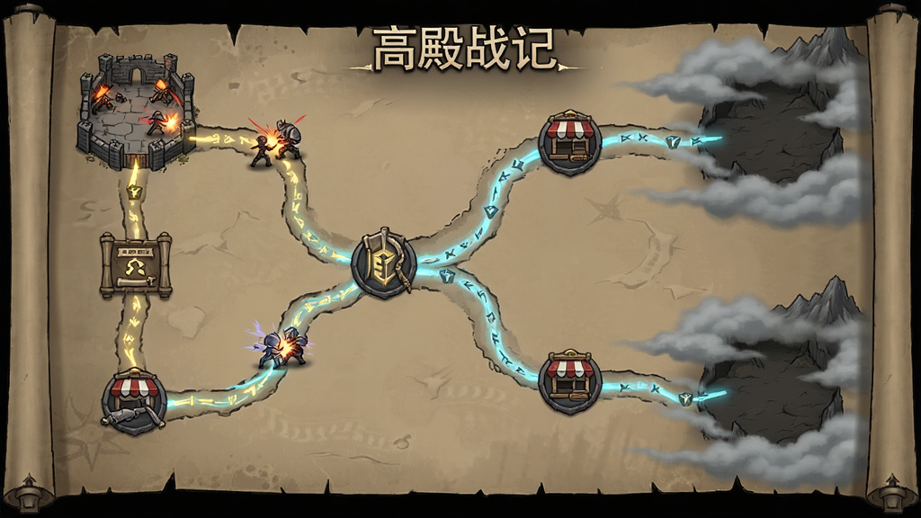 主体是高殿战记游戏地图界面,布局为分支路径的节点地图,排版为横版卷轴风格,风格为暗黑奇幻手绘,细节包括路径上的战斗、事件、商店图标、迷雾笼罩的未探索区域、发光的路径连线,画质为高清、干净、无多余元素,图片中打文字“高殿战记”