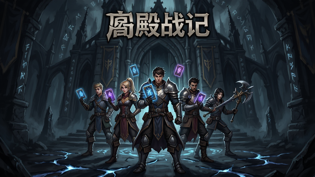 主体是高殿战记游戏封面中的英雄小队站在古老高殿入口,布局采用中心对称,英雄们手持发光卡牌与武器,背景是幽暗的哥特式建筑与魔法符文,排版为竖版海报风格,风格为暗黑奇幻手绘,细节包括英雄盔甲纹理、卡牌上的神秘符号、地面上的发光裂缝,画质为4K高清、干净、无多余元素