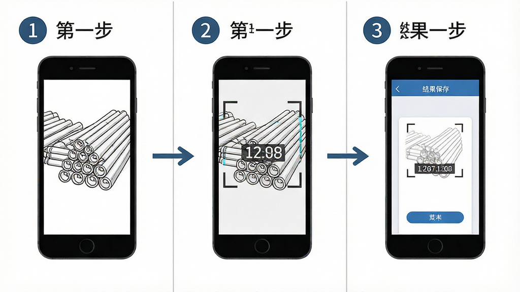 数钢管AR操作流程示意图,画面展示三步骤操作流程:第一步手机对准钢管堆,第二步屏幕显示识别框和数字,第三步结果保存界面,布局为横向三格排列,风格为简洁教程风,细节包括步骤数字标识、手机图标、钢管简笔画、箭头连接,画质清晰,干净,无多余元素