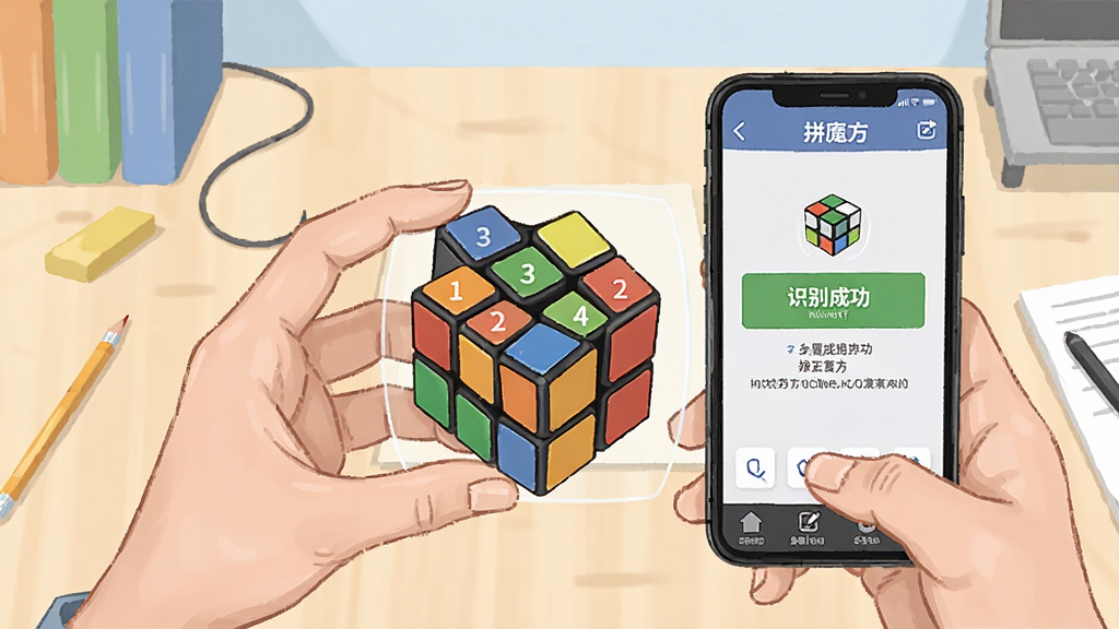 拼魔方新手操作示意图,主体是一双手拿着手机扫描魔方,手机屏幕显示“拼魔方”软件界面和识别成功提示,布局采用第一人称视角,背景为整洁的书桌,风格为教学指南类插图,细节包括魔方六个面的颜色和手机屏幕上的步骤数字,画质清晰,画面干净,无多余元素