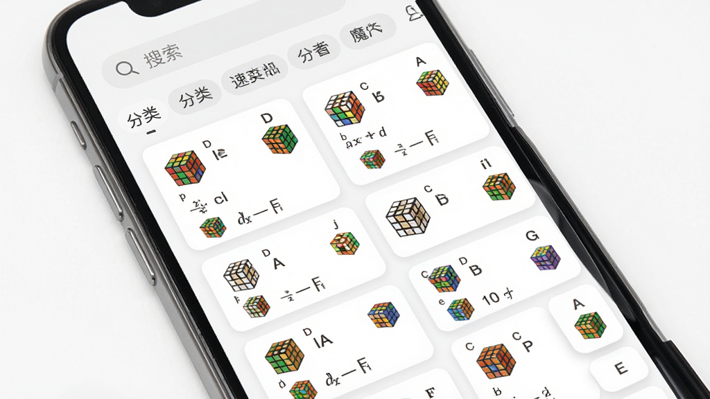 拼魔方公式速查手册界面图,主体是手机屏幕显示整齐排列的魔方公式列表,每个公式旁有迷你魔方图标和字母标记,布局采用卡片式网格排版,背景为干净的白色,风格为工具书类APP,细节包括顶部的搜索框和分类标签,画质细腻,画面干净,无多余元素