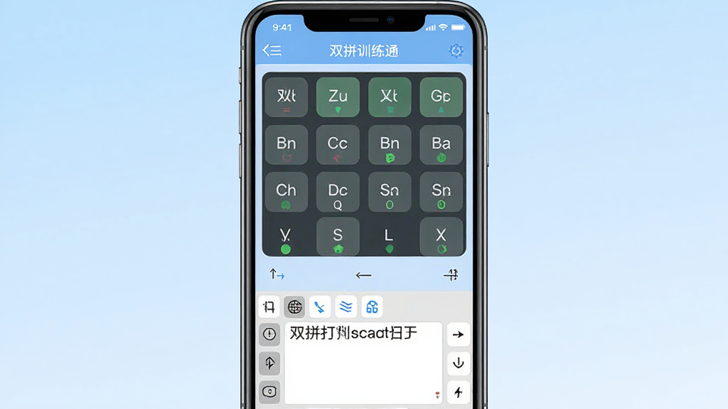 双拼训练通软件主界面截图,画面中央展示手机屏幕,屏幕内是双拼训练通的练习界面,上方显示双拼键位图,下方是跟打文本框,背景为淡蓝色渐变,风格简洁清爽,细节清晰,画质干净,无多余元素