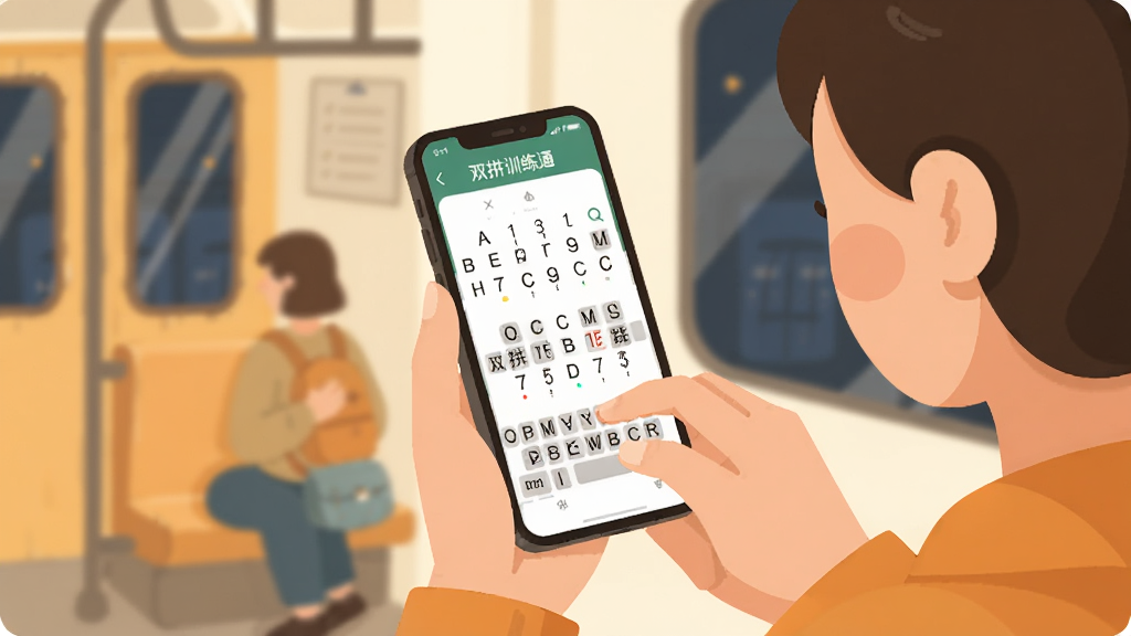 双拼训练通离线练习场景插画,一个人在地铁上拿着手机练习双拼,手机屏幕显示双拼训练通界面,周围环境简洁,风格温暖扁平,主体突出,画质干净,无多余元素