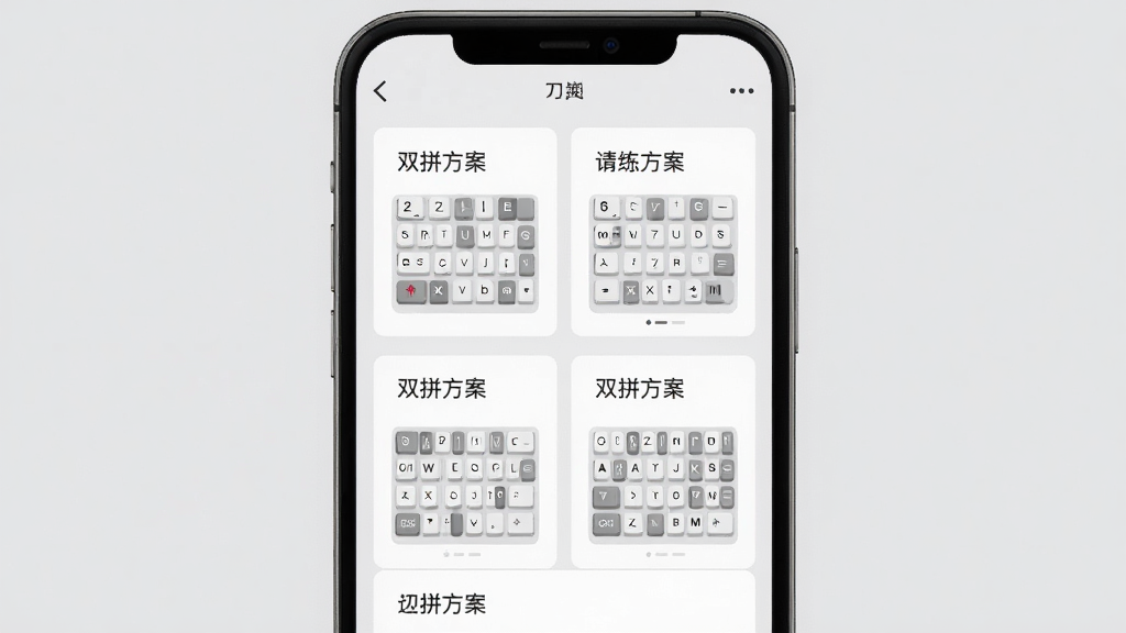 双拼训练通多方案切换界面,手机屏幕显示多个双拼方案卡片列表,卡片上有方案名称和键位缩略图,背景浅灰,风格扁平化,主体清晰,布局整齐,画质干净,无多余元素