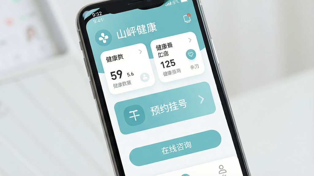 一张手机屏幕展示健康管理应用界面的图片,画面主体是一部竖屏智能手机,屏幕内显示