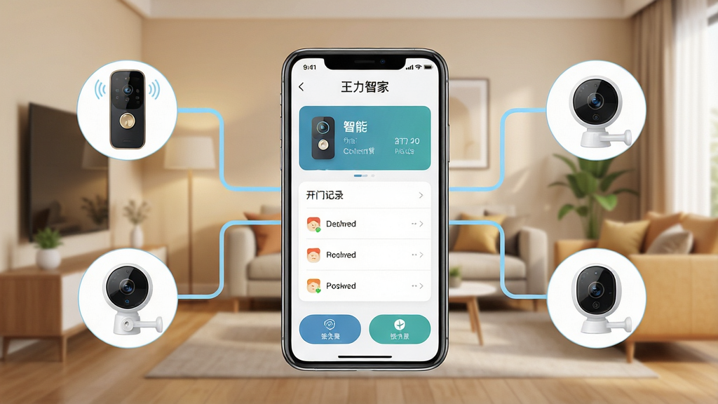 画面中央是一部智能手机,屏幕上显示着“王力智家”APP的首页界面,界面中有智能门锁状态卡片、开门记录列表和快捷操作按钮。手机周围环绕着智能门锁、智能猫眼和智能摄像头等设备图标,通过淡蓝色线条与手机连接。背景是温馨的现代家居客厅场景,整体布局简洁清晰,采用扁平化设计风格,细节丰富,画质高清,干净无多余元素。