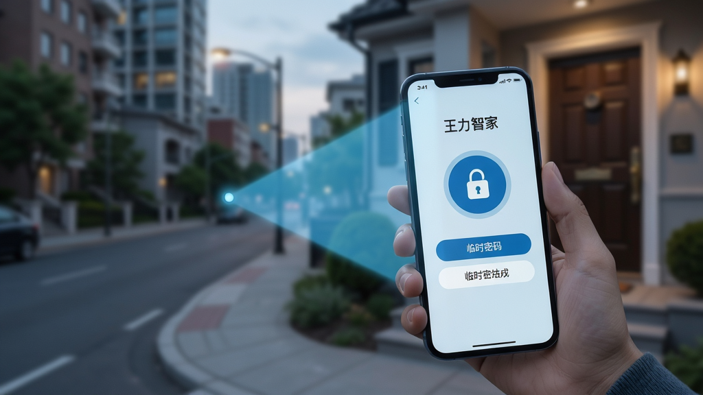 画面展示一位用户站在户外,手持手机,手机屏幕显示“王力智家”APP的远程开锁界面,界面中央有一个醒目的开锁按钮和临时密码生成选项。背景是城市街景,手机屏幕发出淡蓝色光芒,与远处的家门形成连接感。整体风格现代科技感,布局突出手机与门的互动,画质清晰,干净无多余元素。