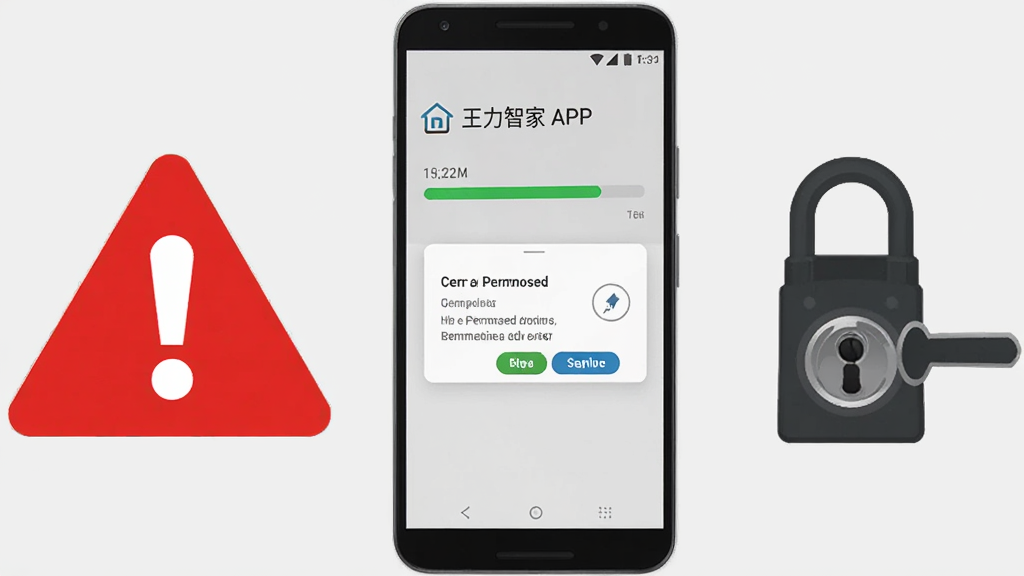 画面展示一部安卓手机正在安装“王力智家”APP,手机屏幕上显示安装进度条和权限请求弹窗。手机旁边有一个红色的警示标志和一把智能门锁的图标,背景是简洁的浅灰色。整体布局清晰,风格扁平化,画质高清,干净无多余元素。