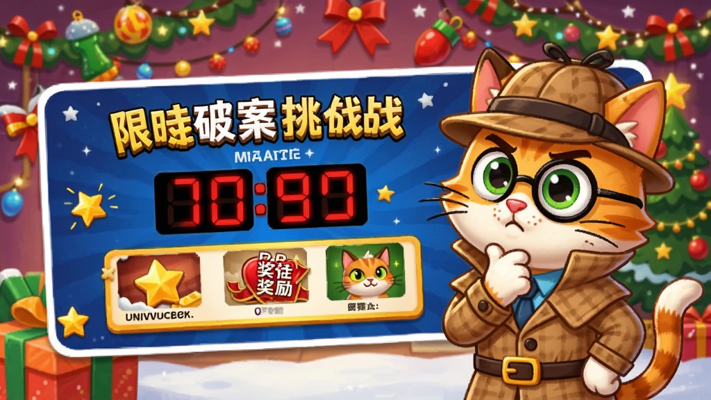 合并猫侦探活动页面,展示限时破案挑战的横幅,上面有倒计时和奖励预览,一只猫咪侦探在横幅旁做思考状,背景是节日装饰,整体氛围热闹,卡通风格,色彩鲜艳