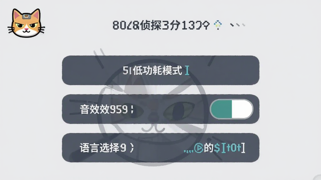 合并猫侦探游戏设置界面,展示低功耗模式、音效开关、语言选择等选项,界面简洁,按钮清晰,背景为淡灰色,一只猫咪图标在角落,整体风格清爽