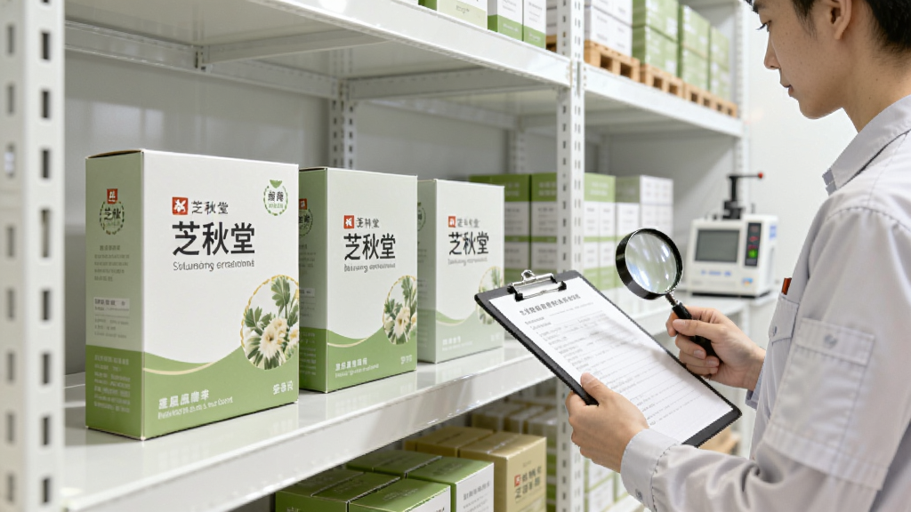 画面展示一个整洁明亮的仓库货架,货架上整齐摆放着带有芝秋堂标识的健康产品包装盒,一名质检人员手持记录板正在核对产品信息,旁边有放大镜和检测仪器,整体风格写实商务,色调以白色和浅绿色为主,画面干净清晰,突出正品保障主题