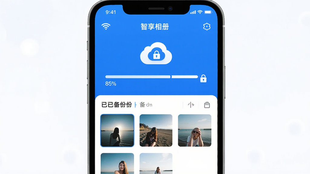 智享相册 云端备份界面 主体为手机屏幕显示备份进度条和云朵图标 布局为上下结构 上方为备份状态 下方为已备份照片列表 排版清晰 风格为科技蓝调 细节包含WiFi标识 进度百分比 加密锁图标 画质高清 干净 无多余元素