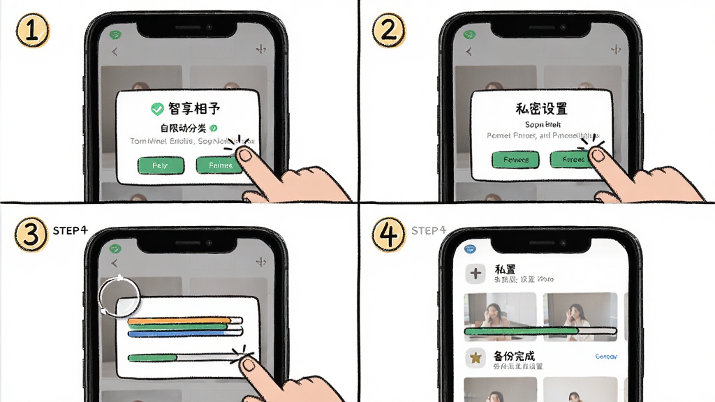 智享相册 移动端操作界面 主体为手机展示相册整理步骤 布局为四格分镜 分别展示权限授予 自动分类 私密设置 备份完成 排版有步骤序号 风格为手绘教程风 细节包含手指点击图标 权限弹窗 分类进度条 画质高清 干净 无多余元素