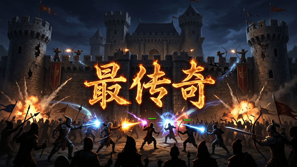 画面描绘夜晚的沙巴克城堡前,密密麻麻的游戏角色正在激烈交战,技能光效照亮夜空,城堡城墙上有弓箭手射击,画面中央用火焰字体写着“最传奇”,风格为史诗级战争场景概念图,细节包括人群剪影、爆炸特效、城墙破损痕迹,画质高清,干净,无多余元素