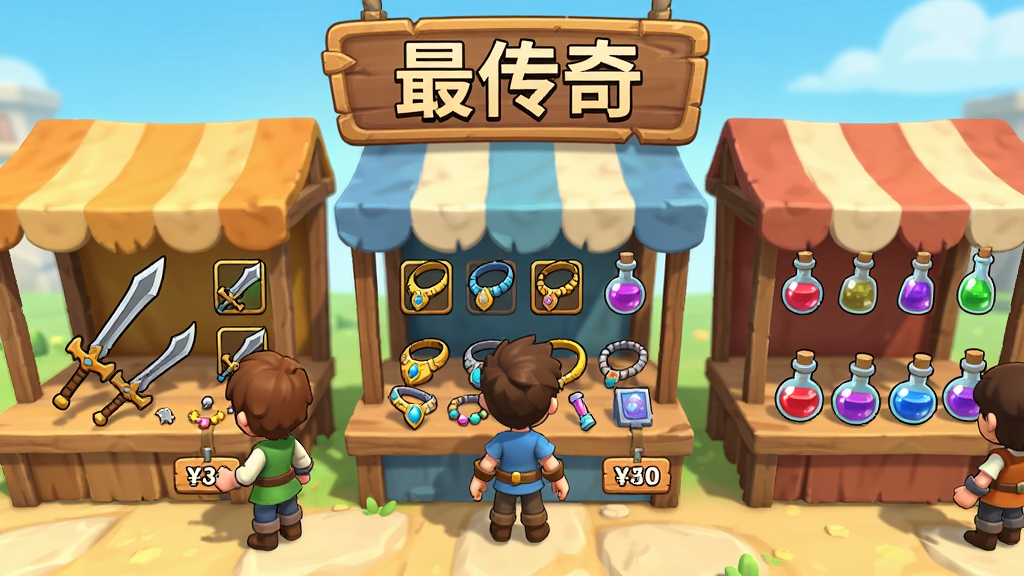 画面展示游戏内的交易市场场景,多个摊位整齐排列,摊位上摆放着武器、首饰、药水等物品,玩家角色正在摊位前浏览,画面正上方有“最传奇”的横幅招牌,风格为明亮卡通渲染的游戏界面,细节包括物品图标、价格标签、角色互动动作,画质高清,干净,无多余元素