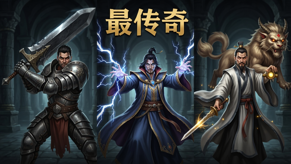 画面采用左右分割布局,左侧是身穿重甲的战士挥舞巨剑,中间是身披法袍的法师释放雷电术,右侧是手持道剑的道士召唤神兽,背景为幽暗的地下宫殿,画面顶部居中写有“最传奇”金色字样,风格为暗黑奇幻CG插画,细节强调技能光效与角色动作张力,画质高清,干净,无多余元素