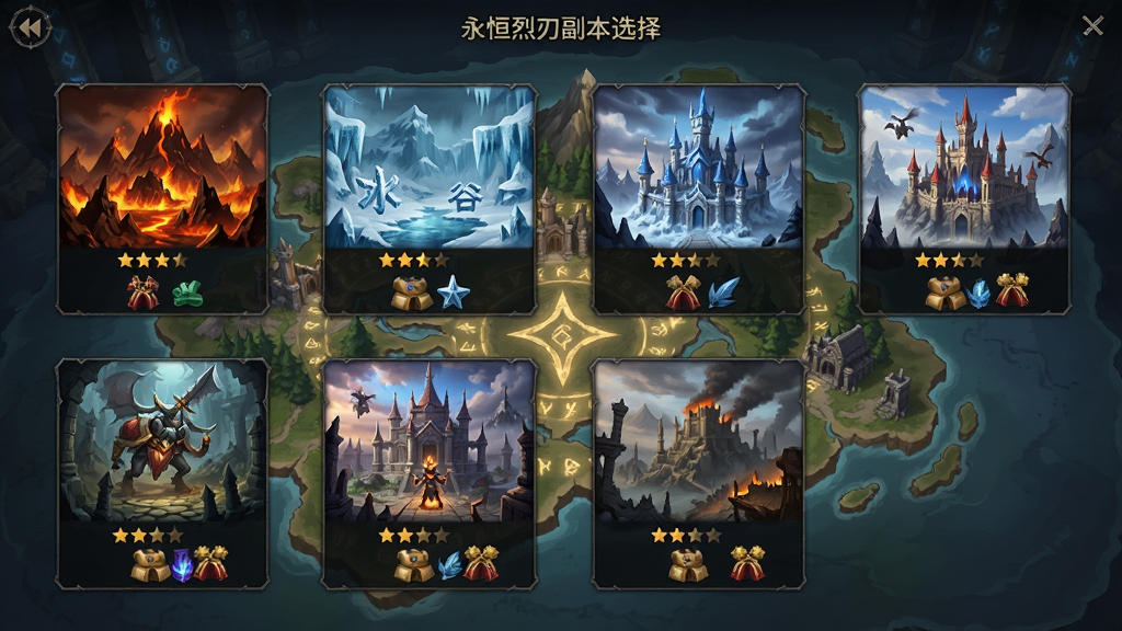 永恒烈刃副本选择界面,画面展示多个副本入口悬浮于地图之上,包含火焰山、冰封谷、天空城等场景缩略图,布局采用网格排版,风格为魔幻冒险地图风,细节包含副本图标、难度星级、奖励预览,画质为高清、干净、无多余元素