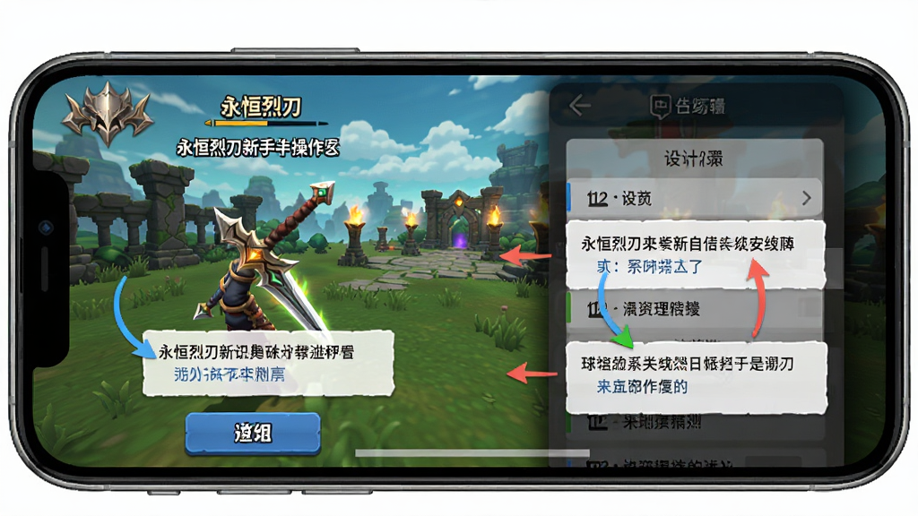 永恒烈刃新手操作界面截图,画面展示手机屏幕中游戏主界面与设置菜单,布局采用竖屏排版,风格为简洁教程风,细节包含按钮标注、箭头指引、文字说明框,画质为高清、干净、无多余元素