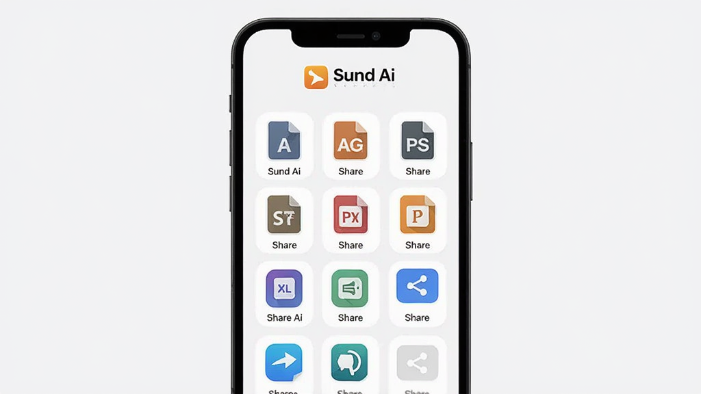 画面主体为 Sund Ai 的导出分享界面,手机屏幕上显示多种格式图标与分享目标应用列表;布局为手机屏幕居中,图标呈网格排列;排版采用上下结构,上方为