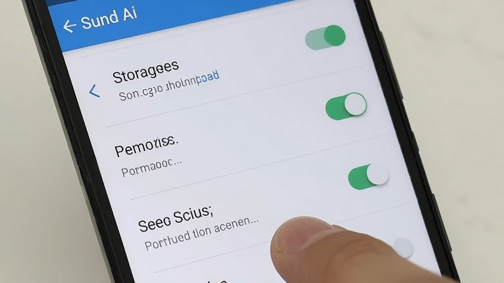 画面主体为一部安卓手机,屏幕上显示 Sund Ai 的设置页面,包含存储路径、权限开关、缓存清理等选项;布局为手机屏幕特写,手指正点击其中一个选项;排版为纵向列表;风格为简洁直观的UI截图风格;细节包括设置图标、开关按钮、文字标签;画质为高清、干净、无多余元素。
