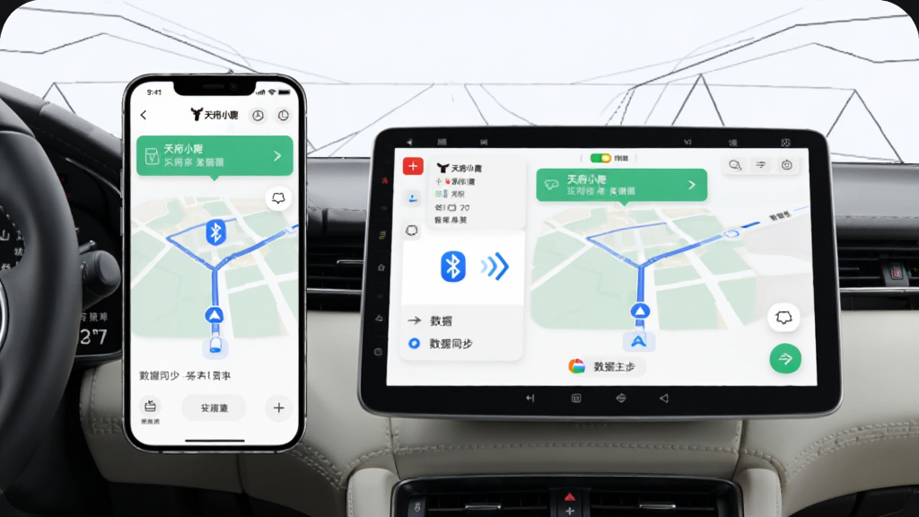 �츮С¹���Эͬ�ӵ�����ͼ������Ϊһ���ֻ���һ�鳵���п���Ļ����չʾ��������Ļ����ʾ��ͬ����������Ϣ�����ֲ������ҶԳƣ�����Ϊ������ʻ�ճ������������Ϊ�ִ���Լ�Ƽ��磬ϸ�ڰ������츮С¹����ʶ����������ͼ�ꡢ����ͬ����ͷ�����������ɾ����޶���Ԫ��
