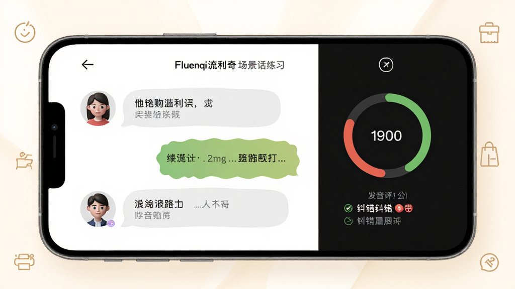一张展示Fluenqi流利奇场景对话练习界面的图片,画面中手机屏幕显示一段模拟购物对话,左侧为角色头像和对话气泡,右侧为发音评分圆环和纠错提示,背景为暖白色调,搭配简洁的线条图标,整体风格现代清爽,画质细腻,无多余元素。