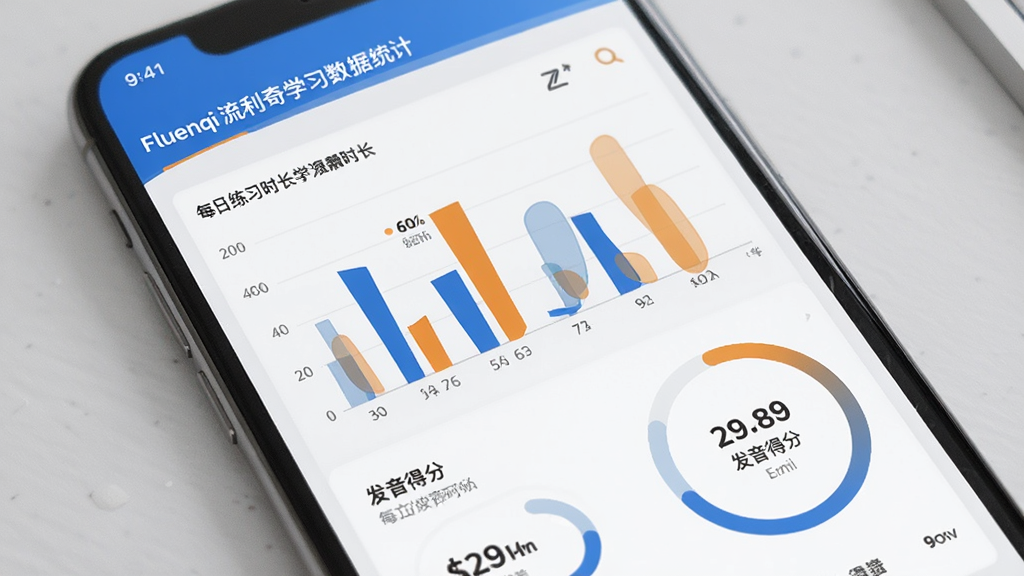 一张展示Fluenqi流利奇学习数据统计页面的图片,手机屏幕中显示柱状图和环形进度条,标注每日练习时长和发音得分,背景为浅灰色,搭配蓝色和橙色数据元素,整体风格简洁商务,画质清晰,无多余元素。