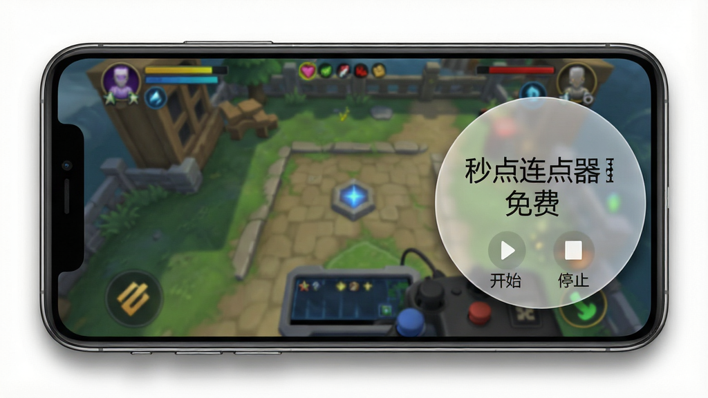 一张展示“秒点连点器免费”悬浮窗功能的图片,手机屏幕显示一个游戏画面,屏幕边缘有一个半透明的圆形悬浮按钮,上面写着“秒点连点器免费”,按钮旁边有“开始”“停止”小图标,背景是游戏场景,风格为写实手机截图效果,细节包括悬浮窗阴影和圆角设计,画质高清,干净无多余元素