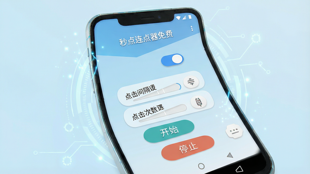 一张展示安卓手机屏幕的图片,画面中央是“秒点连点器免费”软件的主界面,界面简洁清晰,包含悬浮窗开关、点击间隔设置、点击次数设置等按钮,背景为淡蓝色渐变,手机周围有轻微的科技感光晕,风格为现代扁平化UI设计,细节包括清晰的中文文字标签“秒点连点器免费”“开始”“停止”,画质高清,干净无多余元素