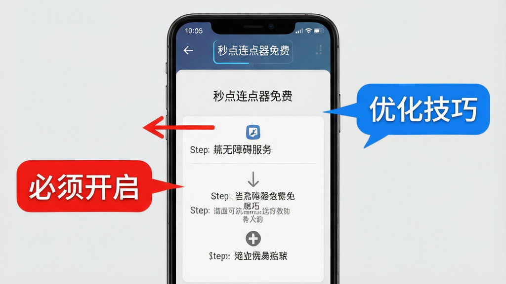 一张展示“秒点连点器免费”在手机上运行的实操界面图,画面中手机屏幕显示无障碍服务开启页面,旁边有红色标注“必须开启”和蓝色标注“优化技巧”的文字气泡,背景为浅灰色,风格为教程类信息图,细节包括清晰的步骤箭头和中文说明,画质高清,干净无多余元素