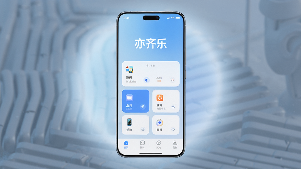 一台现代智能手机正面竖屏展示,屏幕中央显示“亦齐乐”应用主界面,界面包含底部导航栏和卡片式功能入口,背景是浅蓝色渐变,手机周围有柔和光晕,布局居中对称,风格简洁科技感,细节高清,画质清晰,干净无多余元素