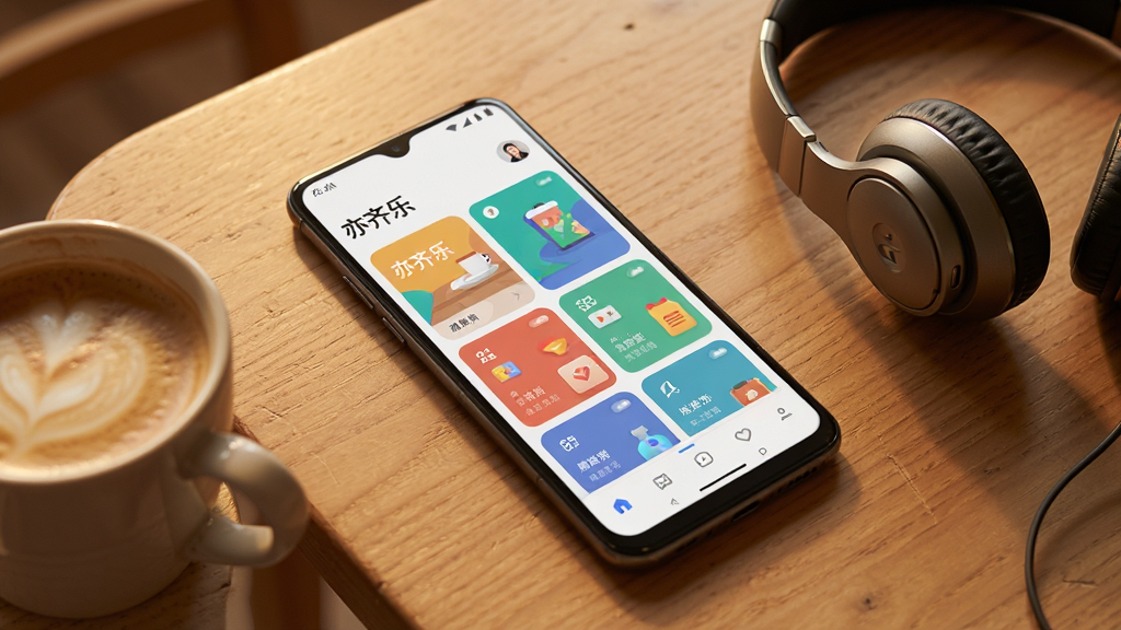 一部安卓手机斜放在木质桌面上,屏幕亮起显示“亦齐乐”应用内的内容聚合页面,多个彩色卡片整齐排列,旁边放着一杯咖啡和一副耳机,暖色调光线,生活化场景,构图自然,细节丰富,画质细腻,干净无多余元素