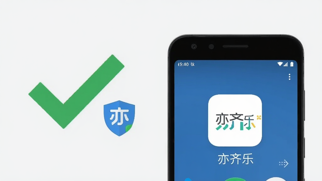 一部安卓手机屏幕显示“亦齐乐”应用运行正常的界面,旁边有一个绿色对勾图标和盾牌图标,背景是浅灰色,构图简洁,风格扁平化,画质清晰,干净无多余元素
