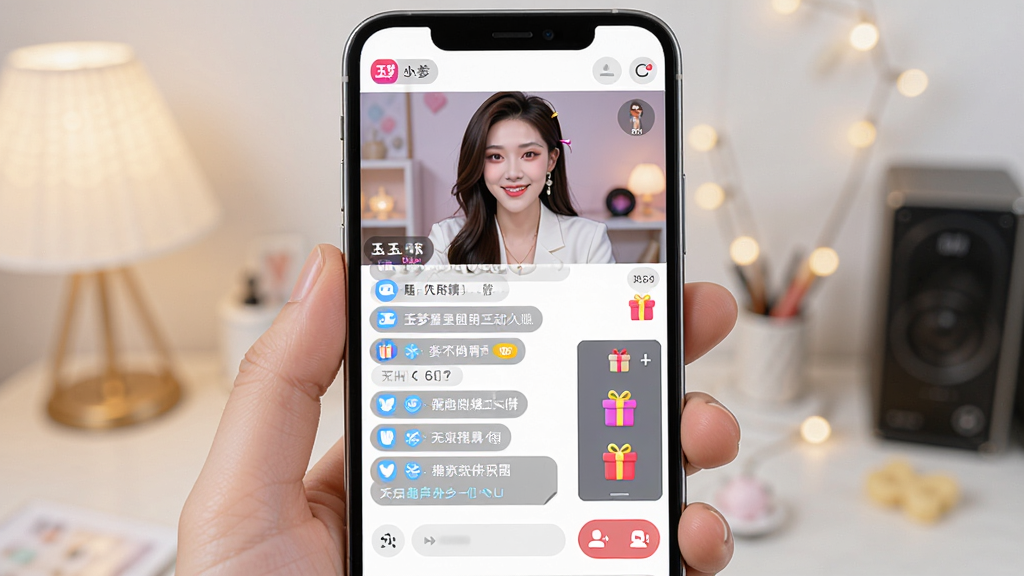 一张展示玉梦Live直播互动场景的图片,主体是手机屏幕中的直播间界面,布局为上方主播视频画面,下方是聊天区和礼物面板。风格为明亮活泼的移动端UI,细节包括弹幕气泡、礼物图标、连麦按钮,画质清晰,干净,无多余元素,画面中不出现任何文字。