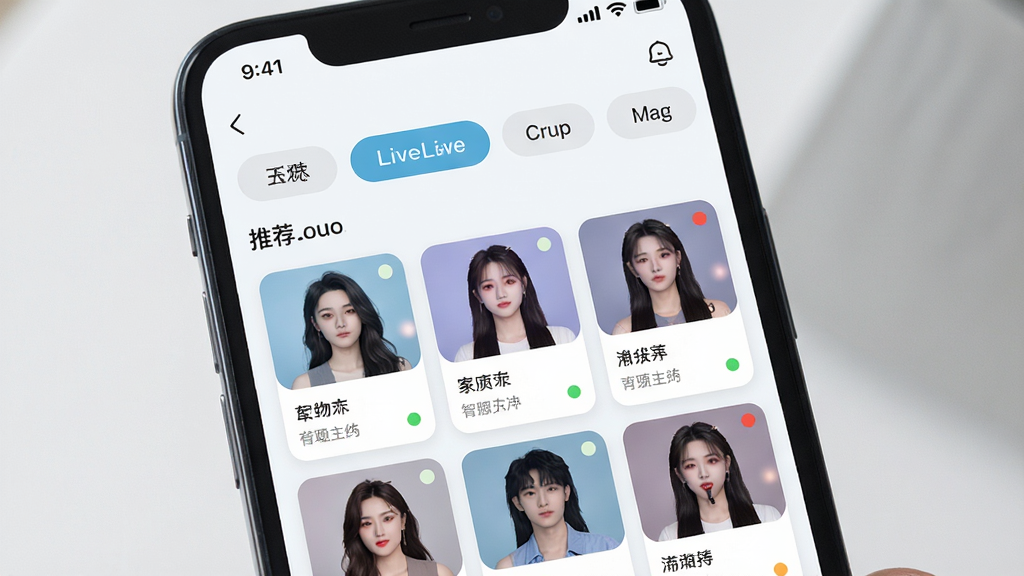 一张展示玉梦Live智能推荐页面的图片,主体是手机屏幕中的应用发现页,布局为顶部兴趣标签栏,中部推荐主播卡片网格,风格为清爽浅色系移动UI,细节包括标签选中状态、卡片圆角、在线状态圆点,画质清晰,干净,无多余元素,画面中不出现任何文字。