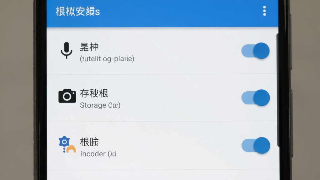 一张展示手机安全设置界面的图片,主体是安卓手机的应用权限管理页面,布局为权限列表和开关按钮,风格为简洁系统UI,细节包括麦克风、相机、存储权限条目,画质清晰,干净,无多余元素,画面中不出现任何文字。