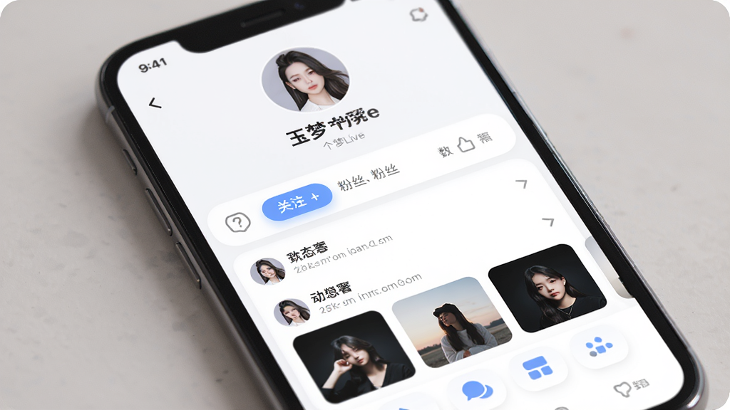 一张展示玉梦Live个人主页的图片,主体是手机屏幕中的用户资料页,布局为顶部头像和昵称区域,中部动态列表,底部功能按钮。风格为柔和圆角移动UI,细节包括关注按钮、粉丝数、动态配图缩略图,画质清晰,干净,无多余元素,画面中不出现任何文字。