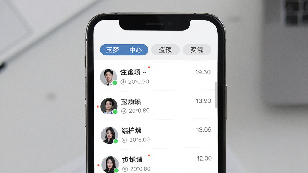 一张展示玉梦Live消息中心界面的图片,主体是手机屏幕中的聊天列表页,布局为顶部通知分类标签,中部会话列表,风格为简洁商务移动UI,细节包括未读红点、头像缩略图、时间戳,画质清晰,干净,无多余元素,画面中不出现任何文字。