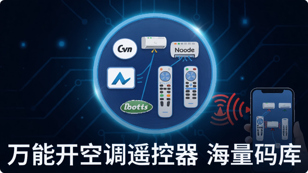 画面展示一个发光的圆形码库图标,图标内部排列着不同品牌空调的logo和遥控器轮廓,手机通过红外信号与多个空调设备连接,背景为深蓝色科技感光晕,风格为现代扁平化设计,细节丰富,画质干净,文字标注“万能开空调遥控器 海量码库”