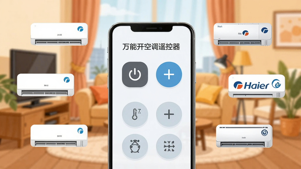画面中央放置一部智能手机,手机屏幕显示万能开空调遥控器界面,界面上有电源开关、温度加减、模式切换等按钮,手机周围环绕着格力、美的、海尔等品牌空调的简化图标,背景是温馨的家居客厅场景,风格为扁平化科技插画,细节清晰,画质干净,无多余元素,文字标注“万能开空调遥控器”