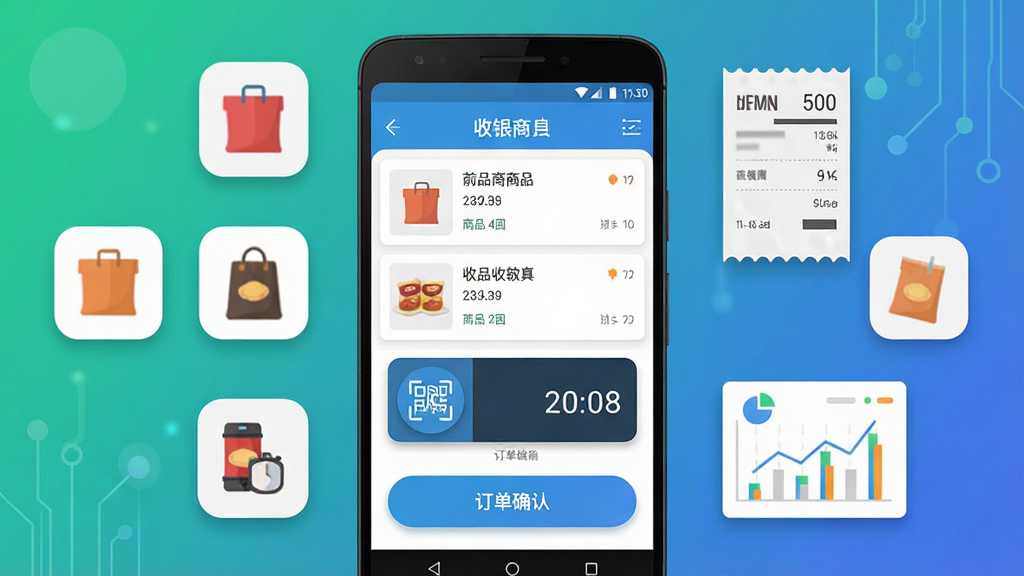 一张展示先叫智能收银软件核心界面的产品概览图,画面中央是安卓手机屏幕,屏幕内呈现收银结算主页面,包含商品列表、扫码按钮、金额显示区域和订单确认按钮,手机周围环绕商品图标、收银小票、数据图表等元素,布局采用居中构图,排版整洁有序,风格为现代科技扁平化,细节上突出界面按钮的圆角与阴影,画面干净无多余元素,高清画质,适合软件下载站展示使用